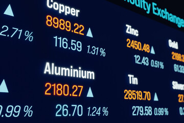 Aluminium, copper, tin and zinc price rises, industrial metals. Ticker on the screen with trading information. Business, commodity, stock market and exchange, market research. 3D ilustration