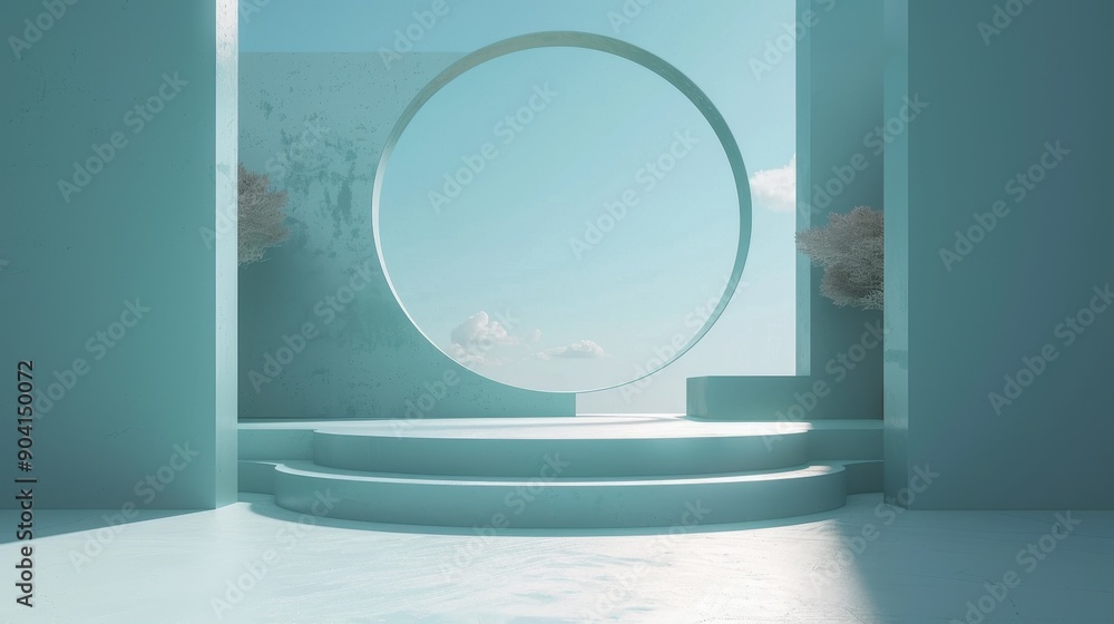 Poster abstract minimalist blue room with a circular window and a platform. perfect for product display, br