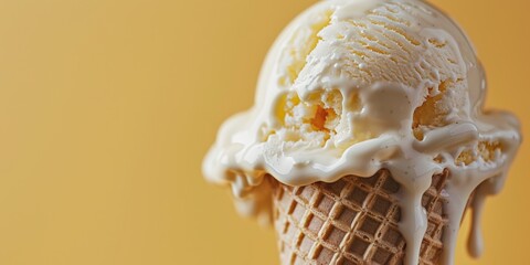 Melting vanilla ice cream cone against a warm yellow background.