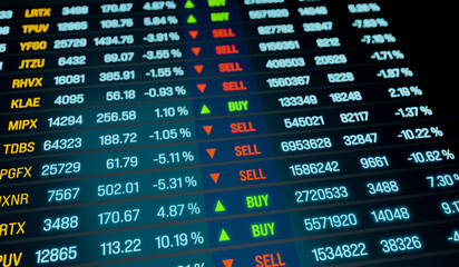Fototapeta premium Brokerage business, transaction data on the screen, buy and sell signs for current trades. stock market and exchange concept, financial fiigures. 3D illustration