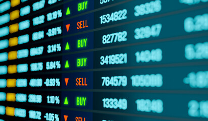 Fototapeta premium Close up screen with trading data, buy and sell signs for current trades. stock market and exchange concept, information, market reserach. 3D illustration