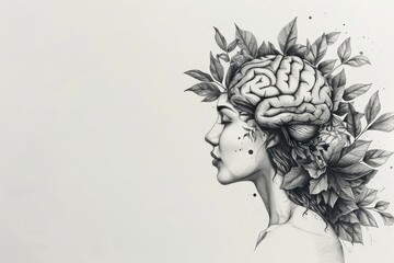 Black and White Human Head with Leaves Creative Abstract Art Monochromatic Design Nature and Intelligence Concept Modern Illustration