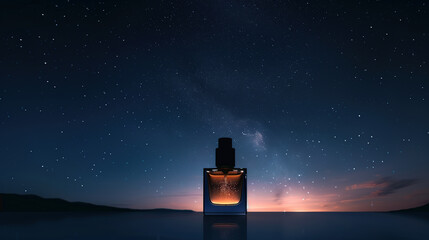 Elegant perfume bottle against a starry night sky