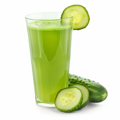 Medium shot of Glass of green cucumber juice near the cucumber, isolated on a white background, 