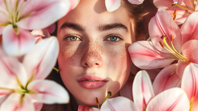 A young female with freckes on cheeks in the middle of pink and white lilly flowers