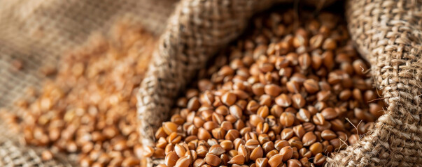 A close-up of buckwheat groats in a burlap sack, highlighting the grains' texture and natural color.