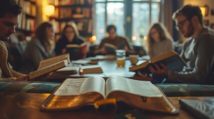 Cozy Bible Study Group Gathering in a Warm, Inviting Room with Books and Soft Lighting
