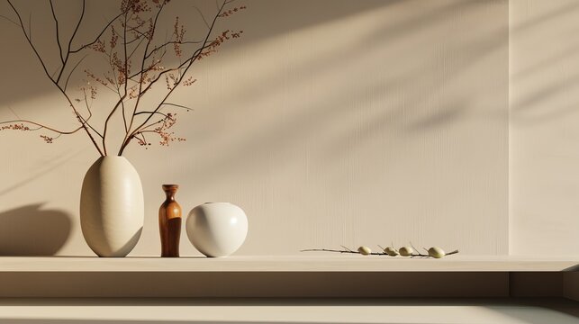 Minimalist beige interior with vase and decorative objects on a shelf. Soft sunlight casts shadows on the wall.
