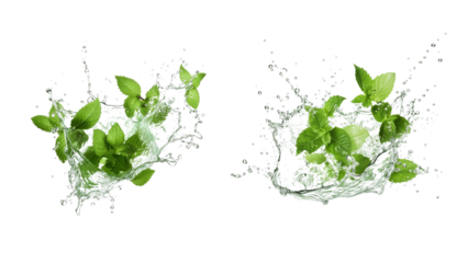 Mint leaf with water splash cutout. Water splash with mint leaf on transparent background