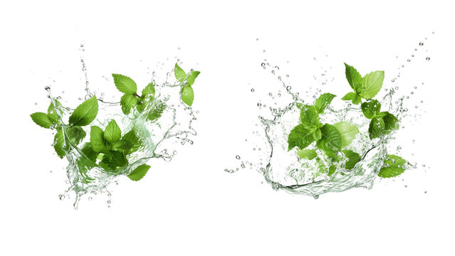 Mint leaf with water splash cutout. Water splash with mint leaf on transparent background