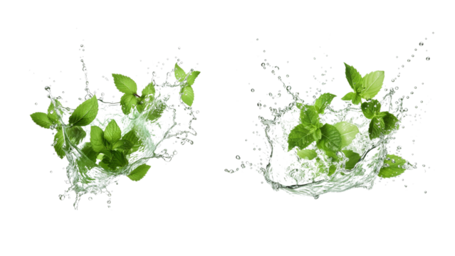 Mint leaf with water splash cutout. Water splash with mint leaf on transparent background