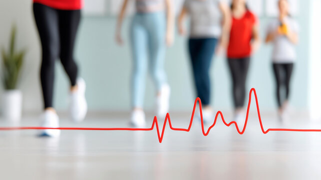 A visual representation of a heartbeat line transitioning into people walking, symbolizing the connection between physical activity and heart health.