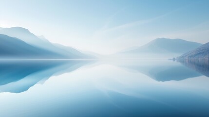 Obraz premium Serene landscape with tranquil water reflecting distant mountains under a soft blue sky, evoking peace and harmony.