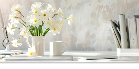 Bloggers' home offices and interiors office supply and white daffodils in a vase with a light background and a large copy space, Generative AI.