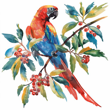 The Parrot on the Rowan in watercolor isolation, white background, Illustration