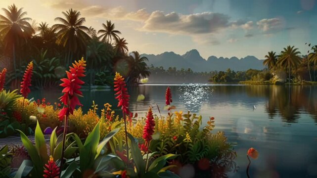A view of the sunrise over a beautiful lake in the middle of the forest. Seamless 4K looping timelapse video animation generated AI