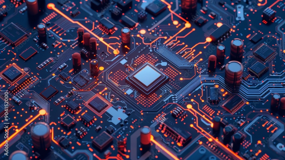 Poster an advanced circuit board design with a complex arrangement of microchips and electronic elements, f