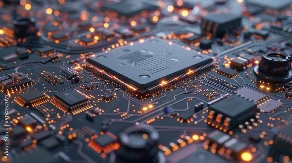 Aufkleber an advanced circuit board design with a complex arrangement of microchips and electronic elements, f