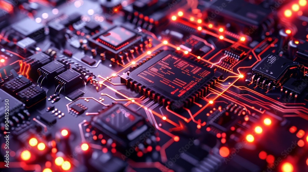 Aufkleber an advanced circuit board design with a complex arrangement of microchips and electronic elements, f