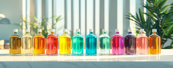 An array of vibrant liquid-filled bottles on a sleek glass surface, designed to protect against viruses and polluted air.