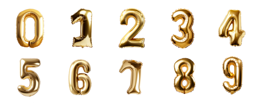 Gold foil balloon numbers cutout. Set of isolated golden foil balloon digit from 0 to 9 - Powered by Adobe