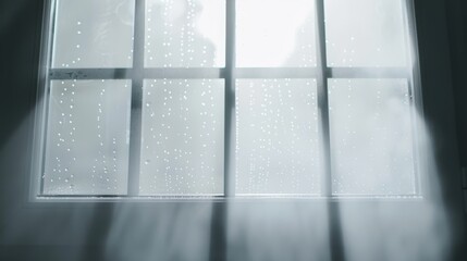 Condensation on a ceiling window, with water streaks and foggy glass, creating a natural, humid atmosphere