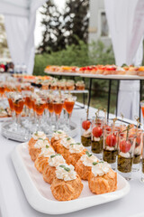 Festive buffet. Table with desserts in glass and snacks. Catering. Buffet. Self-service. Hotel and restaurant services. Wedding buffet