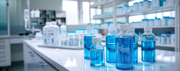 Blue liquid-filled bottles neatly organized on a white medical counter, creating a sense of order and cleanliness in the medical setting.