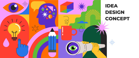 Idea, thinking out of the box, creativity and design concept background, banner, poster. Geometrical style vector design with light bulb, brain, pencil © Marina Zlochin