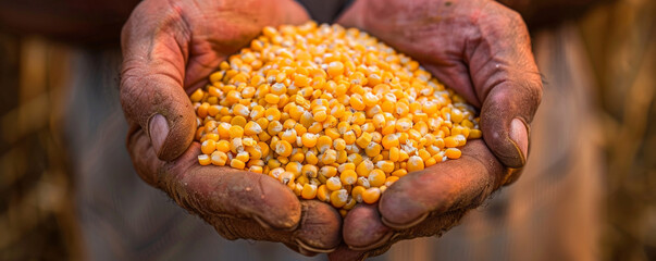 A close-up of hands holding corn grits, emphasizing the natural grains and their texture.