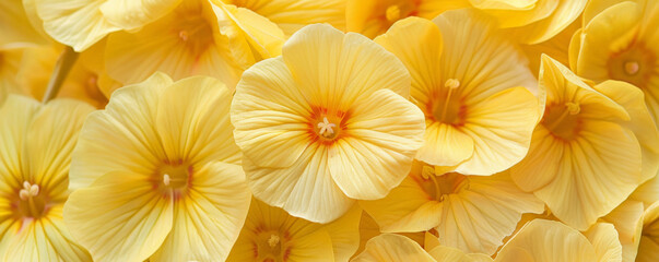 Detailed close-up of yellow primrose petals, densely packed on a floral background, highlighting their vibrant color and intricate texture.