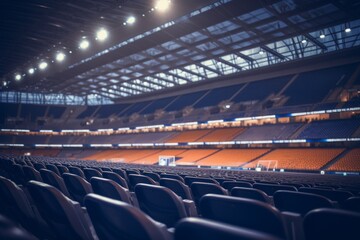 Naklejka premium The arena showcases vacant seats illuminated by soft, blurred lights, creating a serene atmosphere during an evening event