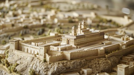 Generate a photo realistic image of a maquette depicting the preservation of a historical site, landmark, or ancient ruins; ensure the image is of high resolution for clear and detailed quality