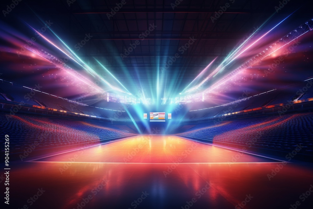 Aufkleber An empty sports stadium showcases colorful abstract lighting effects, creating an electrifying atmosphere in preparation for an upcoming event