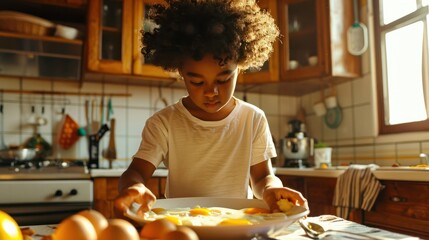A child prepares an egg breakfast for his parents, portrait of an African American boy in the kitchen at his home on a sunny weekend day, space for family day concept