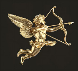 Gold cupid figurine with wings and bow on a black background