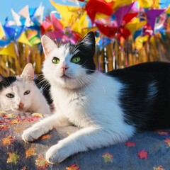 風車の前でくつろぐ白黒の猫