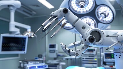 Fototapeta premium A robotic arm equipped with various surgical tools, ready for a high-precision operation in a modern operating room.