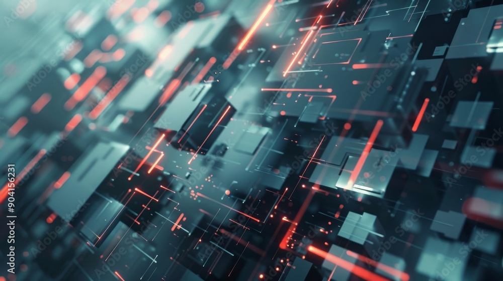 Poster abstract 3d digital circuit network with red glowing lines, representing advanced technology and con