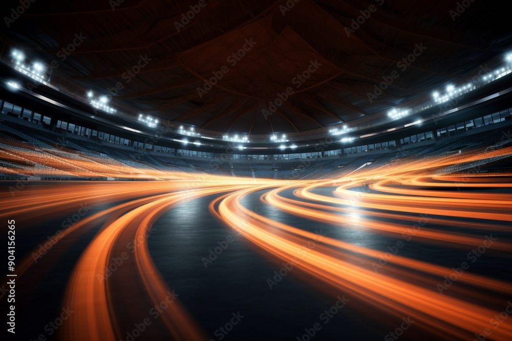 Poster bright light trails create dynamic patterns across the darkened surface of a vacant stadium, showcas