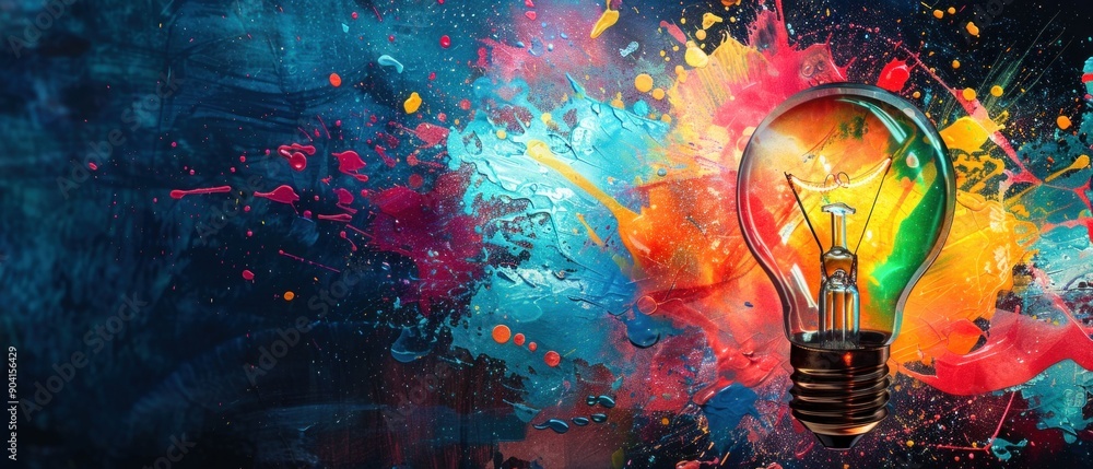Aufkleber exploding light bulb with colorful paint splash. generative ai
