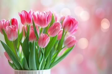 Fototapeta premium Tulip bouquet on pink background