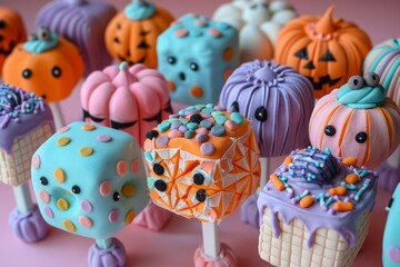 Naklejka premium Colorful Halloween-themed cake pops with cute, spooky faces.