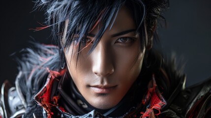 A striking cosplay model showcases an intricate costume with captivating features