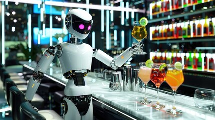 A robotic bartender serving drinks in a sleek, high-tech bar.