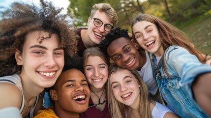 Fototapeta premium Big group of friends taking selfie picture smiling at camera - Laughing young people celebrating standing outside and having fun - Portrait photography of teens guys and girls enjoying vacation