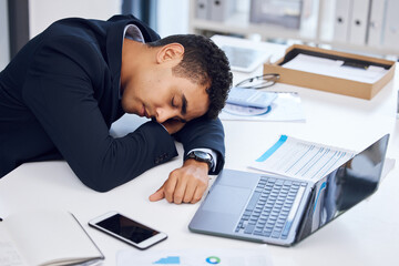 Fototapeta premium Tired, sleeping and business man with laptop in office with deadline, online project and report. Corporate worker, burnout and exhausted, fatigue and overworked person asleep and nap on computer