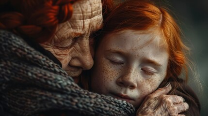 Close up grandmother hugs her granddaughter tightly. A red-haired little Irish girl hugs her old grandmother. Concept of family, kinship, two different generations