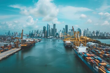 Maritime industry scene with ships, cargo, and dockworkers, highlighting ocean trade...