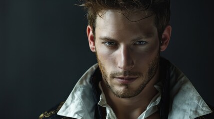 Obraz premium A captivating cosplay model embodies a daring adventurer with intense charisma